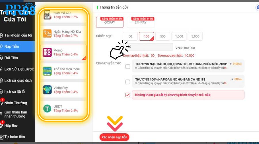 Chọn hình thức nạp tiền RR88 & điền số tiền cần nạp