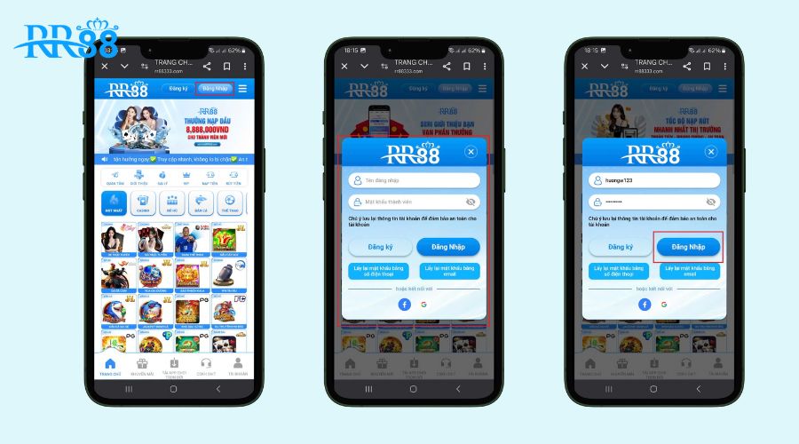 Đăng nhập RR88 qua website trên điện thoại