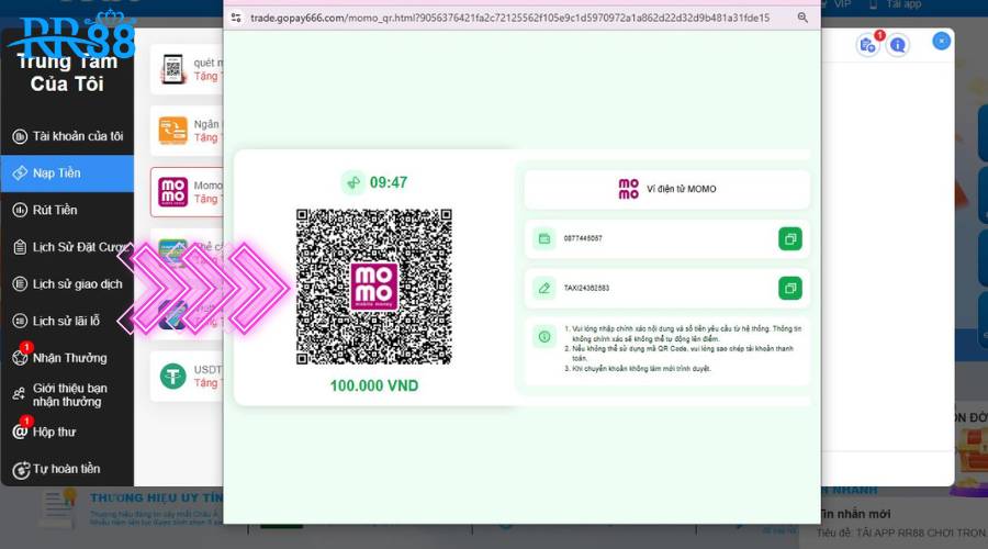 Quét mã QR hệ thống cung cấp và thực hiện giao dịch gửi tiền vào RR88